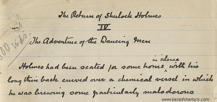 Top of first page of Conan Doyle manuscript for Sherlock Holmes story The Dancing Men