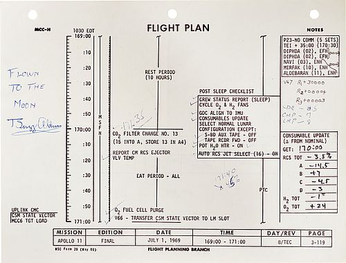 Sheet from Apollo 11 flight plan used by Armstrong and Aldrin