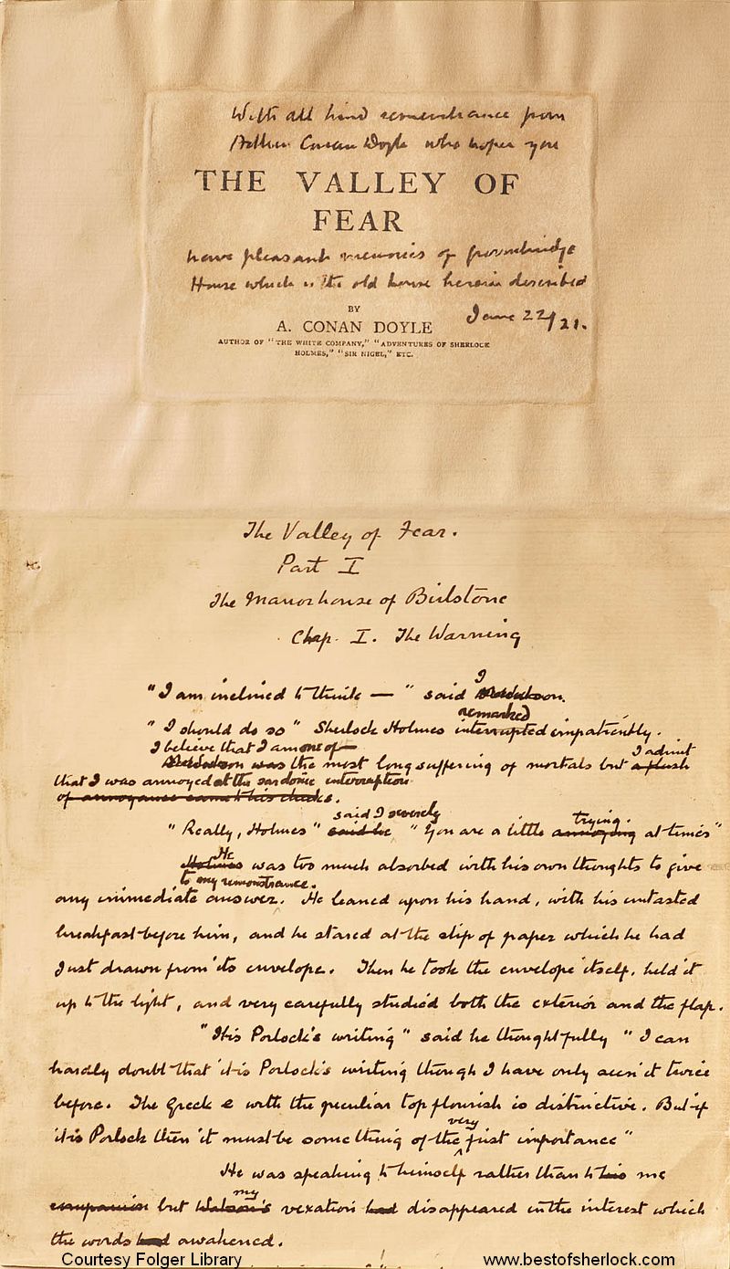 Manuscript of The Valley of Fear - first page & inscription sheet