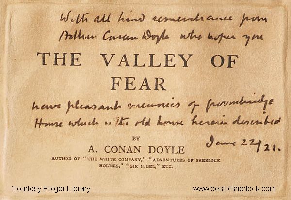 Conan Doyle inscription identifying Groombridge House on Valley of Fear title page