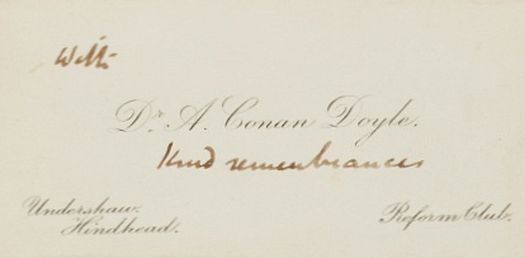 Conan Doyle's card mounted on manuscript page 1 of The Sign of Four