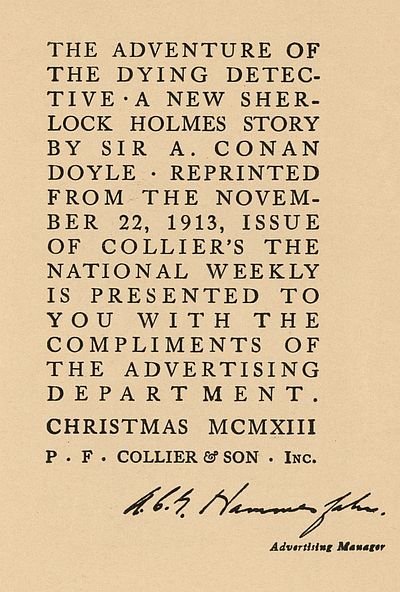 Presentation page of Collier's 1913 Dying Detective booklet